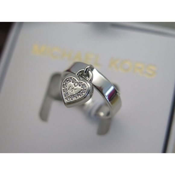 Michael Kors MKJX78890406 Sz 6 Silver-Tone "MK" Dangle Heart & Pave Stone Ring - Picture 8 of 14